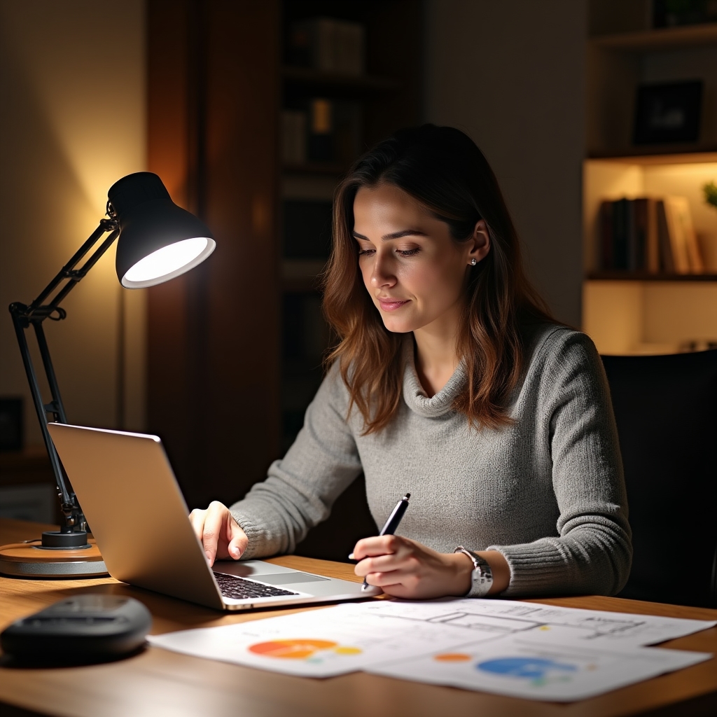 Persona en consulta online de iluminación residencial con tablet y planos