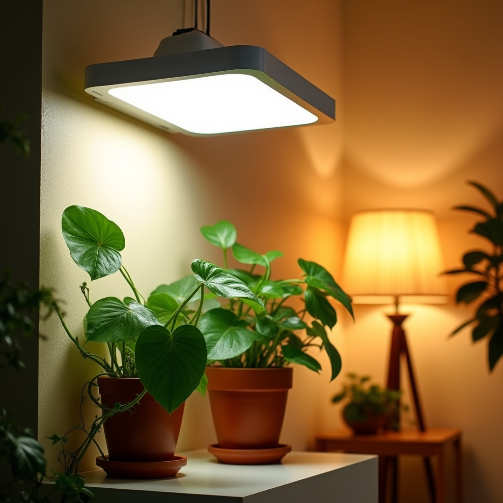 Plantas de interior bajo iluminación artificial especial en sala de estar