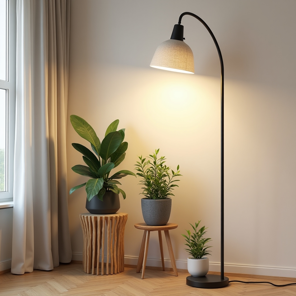 Rincón decorativo con plantas y lámpara de diseño integrada en sala de estar moderna